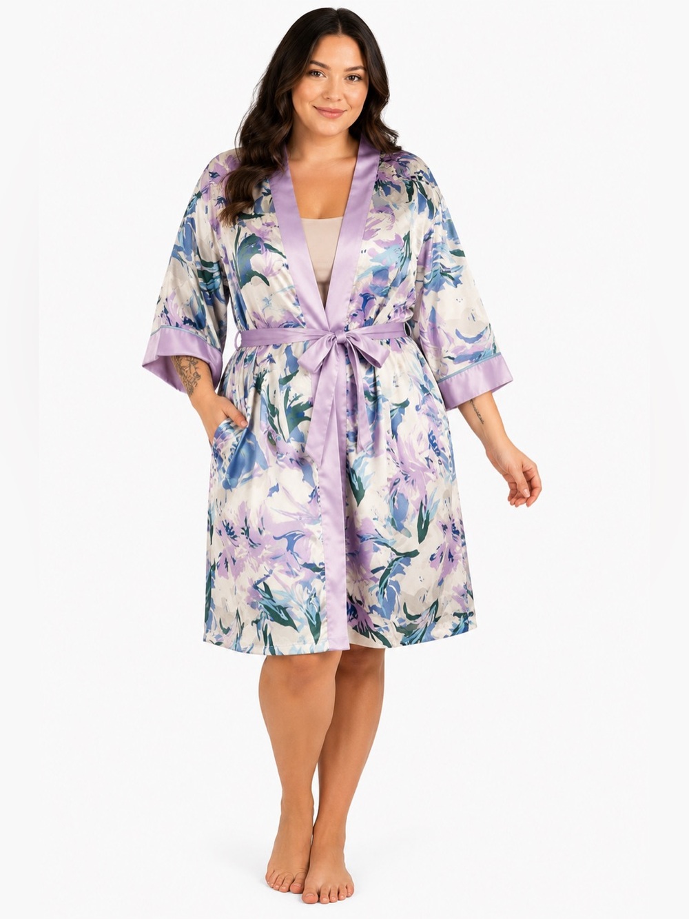 90s Vintage Jaclyn Smith Abstract Floral Satin Robe (Lilac/Blue/Green/White) M